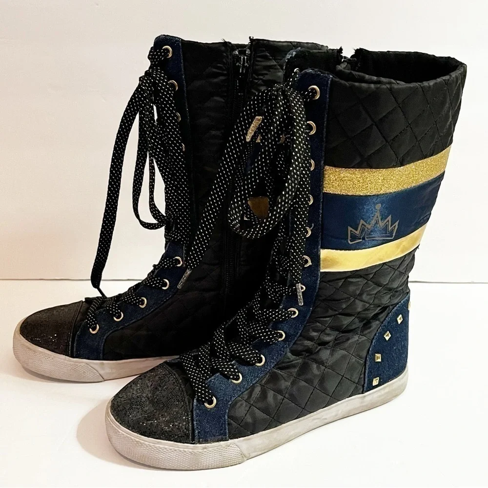 Disney D-Signed Girls Boots Blue Crown Sz 5 Black Sparkle Lace Tall Descendants